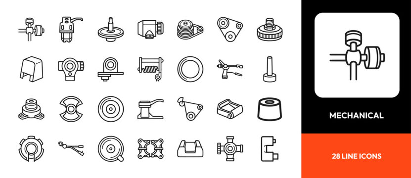 Detailed set of twenty eight mechanical engineering and industrial parts outline vector icons