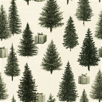 Christmas tree gift box holiday pattern seamless design watercolor art festive decoration pine tree winter theme green color