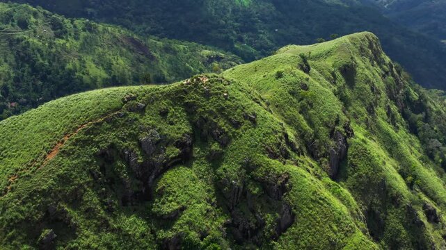 Aerial View of a Green Mountain Ridge Trail in Sri Lanka