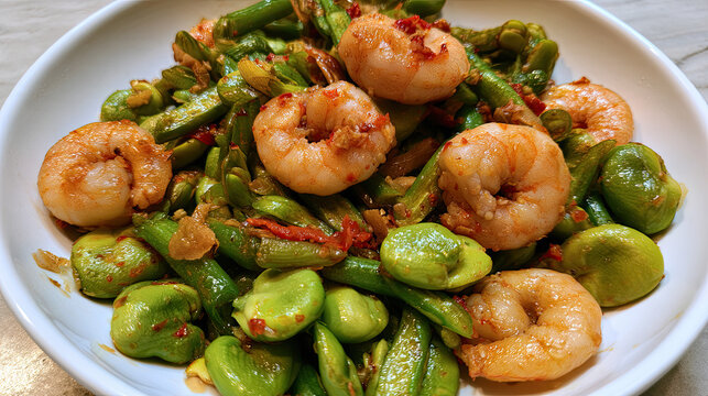 vibrant stir-fried shrimp with pad sataw and chili oil