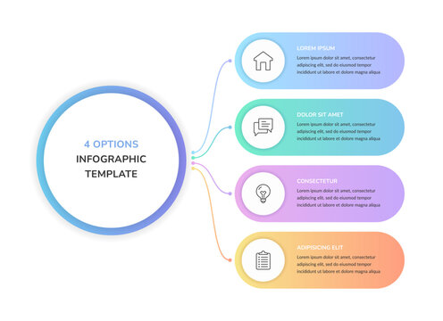 Four options infographic template with a central circle and curved connectors branching to four infographic banners. 4 options diagram or chart. Vector template