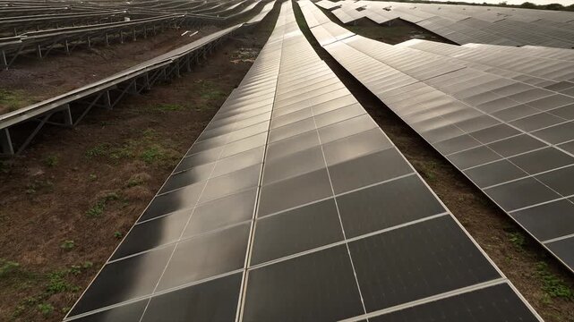 Forward drone movement along dark photovoltaic panel rows with sunlight reflection on glass surface.