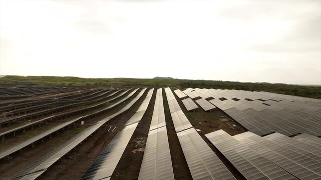 High angle aerial pan across huge solar park set against rolling green hills and distant horizon.