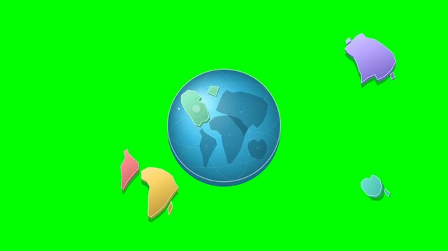 Premium 4K 2.5D green screen microstock animation visualizing global peace through precision surface-conforming continental landmasses reconnecting to an enlarged spherical globe 