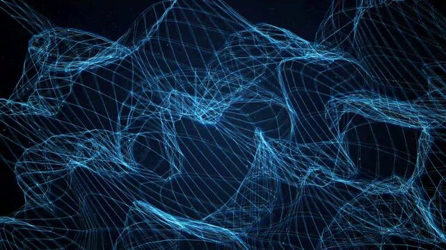 Abstract glowing blue digital network mesh pattern with shimmering particles in dark space