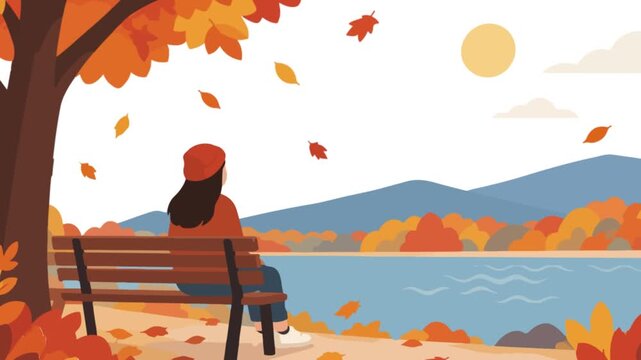 Peaceful Autumn Reflection: Woman on Bench by Tranquil Lake with Falling Leaves