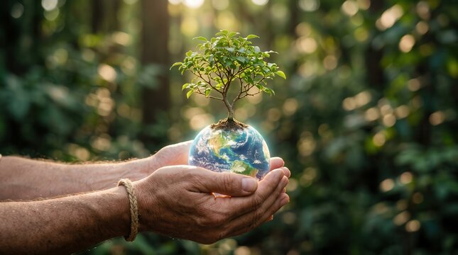 Hands holding a glowing miniature earth with a small green tree growing from it, blurred nature background, eco-friendly, sustainability concept, cinematic lighting, ultra detailed123