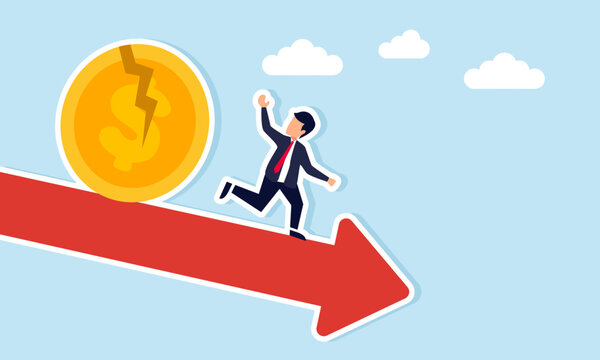Businessman running down red arrow to escape broken dollar coin chasing him illustration of foreign exchange investment loss