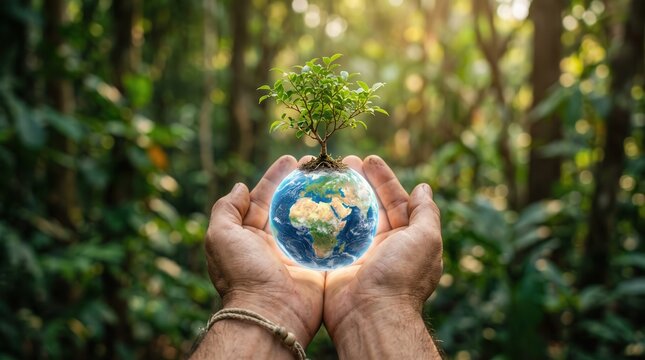 Hands holding a glowing miniature earth with a small green tree growing from it, blurred nature background, eco-friendly, sustainability concept, cinematic lighting, ultra detailed123