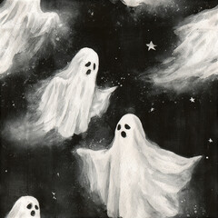 Fototapeta premium Watercolor ghost seamless pattern featuring softly painted white spirits floating dark starry night sky with spooky expression
