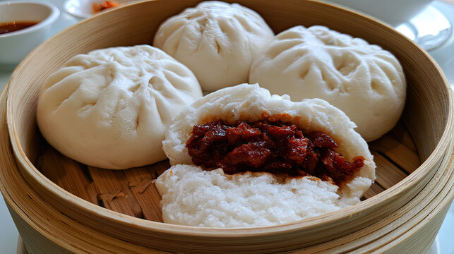transparency in steamed char siu bao revealing ruby pork