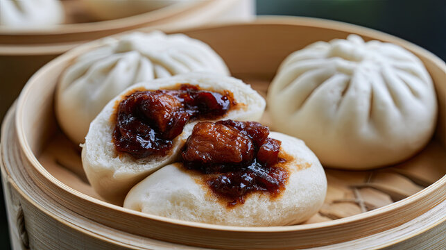 transparent char siu bao steamed bun revealing ruby pork filling