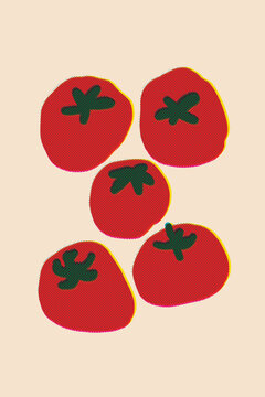 Five fresh red tomatoes illustration in retro risograph print style on cream background.