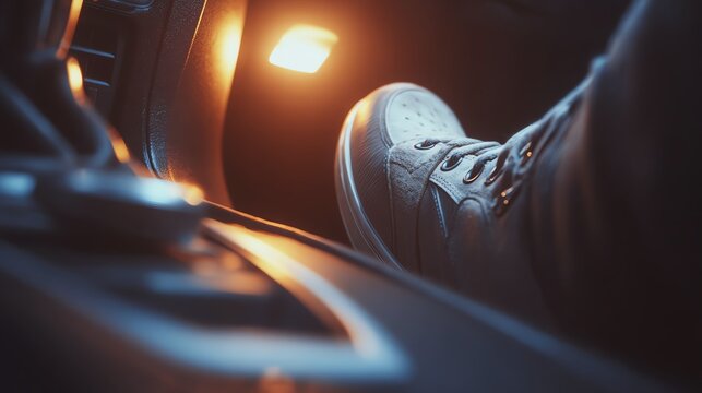 Foot resting on car pedal with ambient light.