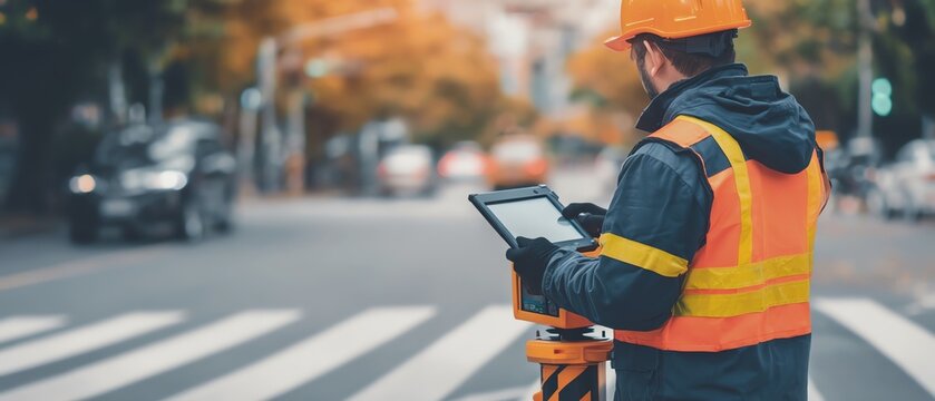 Surveyor working on city street with tablet.