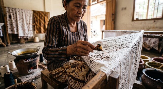Elderly artisan woman handcrafting traditional Indonesian batik fabric with wax and canting tool in a rustic indoor workshop environment