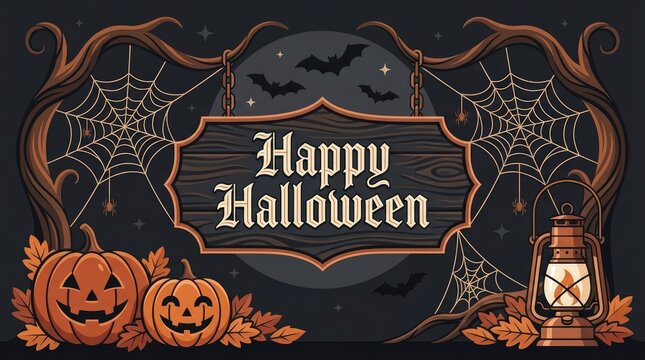 Happy Halloween greeting card with pumpkins and lantern