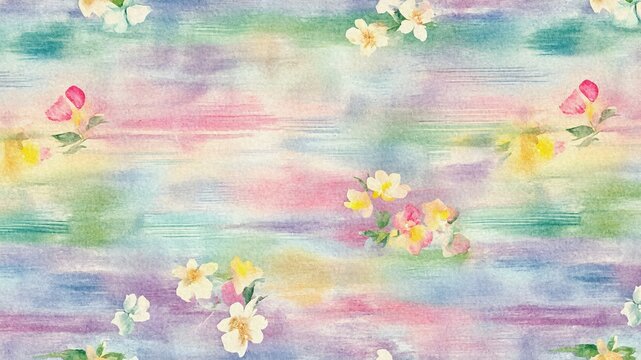 vintage watercolor floral seamless pattern, pastel pink blue yellow flowers, soft blended brush strokes on paper texture, delicate spring blossom wallpaper, artistic impressionist background