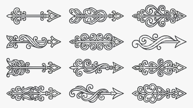 Elegant Ornamental Arrow Designs with Intricate Swirl Patterns for Branding and Decoration