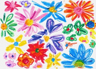 colorful wax crayon floral pattern background, naive hand drawn flowers illustration, vibrant red blue yellow purple blooms, childish oil pastel drawing on textured white paper canvas © Charan suvvada 