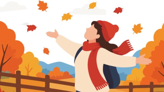 Happy Woman Enjoying Autumn Fall Leaves in Nature Illustration