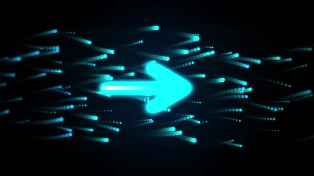 Bright neon blue arrow shape moving forward with digital particle trails on a dark background