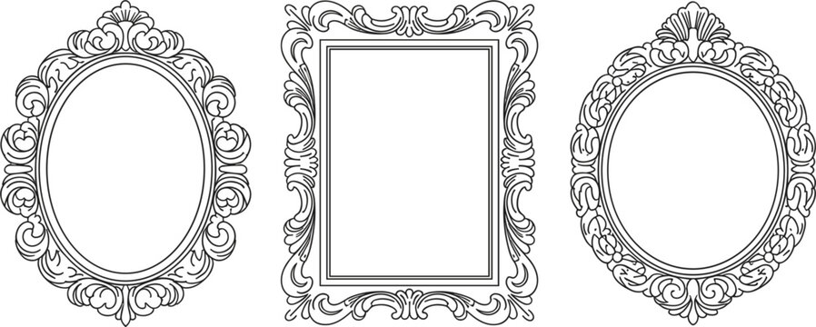 Vintage ornate baroque picture frames set, decorative antique oval, rectangular and round mirror outline vector   