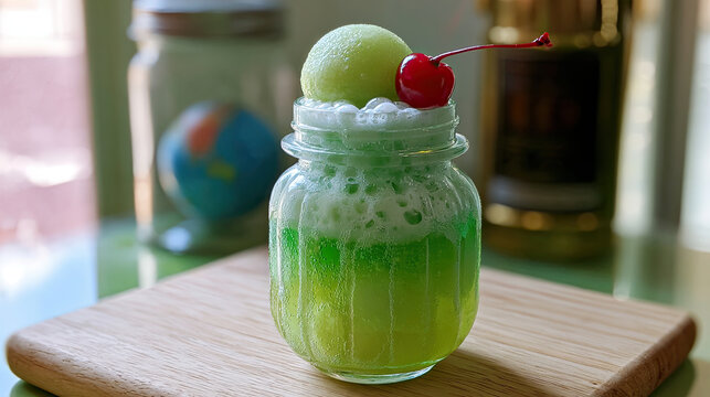 transparent cream soda with cherry and melon float in dreamy planet background