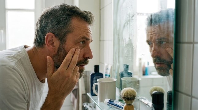 Middle aged man checking his skin in the bathroom mirror