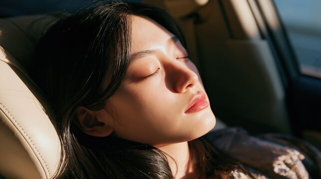 A tired woman resting in a car interior creates a realistic travel lifestyle visual emphasizing fatigue, road trip moments, and vehicle comfort.