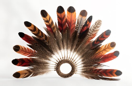 Traditional feather headdress showcasing vibrant cultural artistry and authentic craftsmanship featuring cocar indigena isolated on white background display generated ai