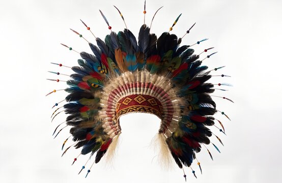 Traditional feather headdress showcasing vibrant cultural artistry and authentic craftsmanship featuring cocar indigena isolated on white background display generated ai