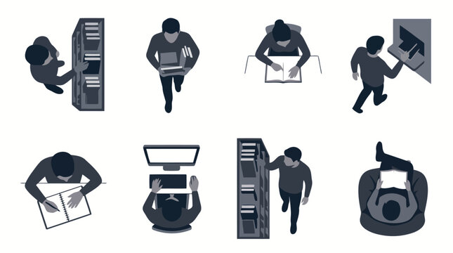 Set of Flat Vector Silhouettes Showing People in a Library Environment Studying Reading and Using Computers Top View Illustration for Academic Education Concepts