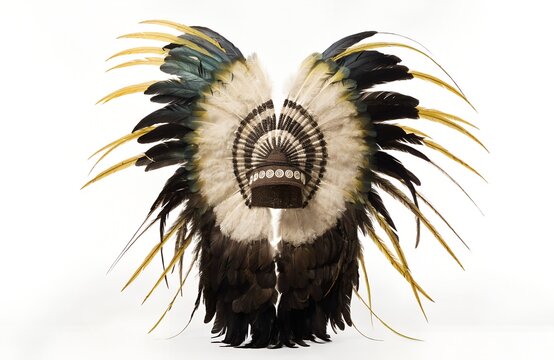 Authentic ceremonial feather headdress crafted with natural plumage and traditional artistry featuring cocar indigena isolated on white background display generated ai