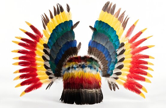 Authentic ceremonial feather headdress with vibrant handcrafted plumage showcasing cocar indigena cultural heritage isolated on white background display generated ai