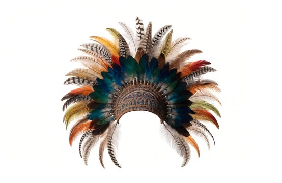 Traditional feather headdress showcasing vibrant cultural artistry and authentic craftsmanship featuring cocar indigena isolated on white background display generated ai