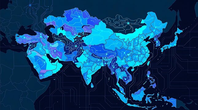 Futuristic asian map with glowing digital circuit board patterns