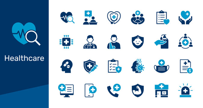 Healthcare solid icon collection for medical service, health insurance, and patient care concept