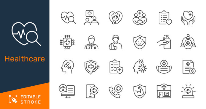 Healthcare thin line icon collection for medical service, health insurance, and patient care concept. Editable stroke. Pixel perfect.