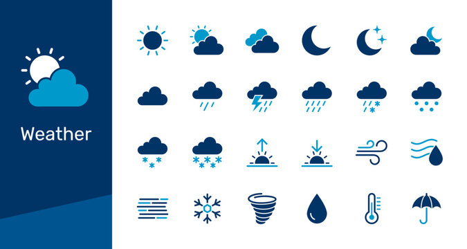 Weather solid icon collection for climate forecast, meteorology science, and seasonal element concept