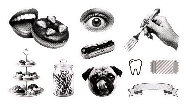 Vintage halftone collage elements with food and lifestyle icons