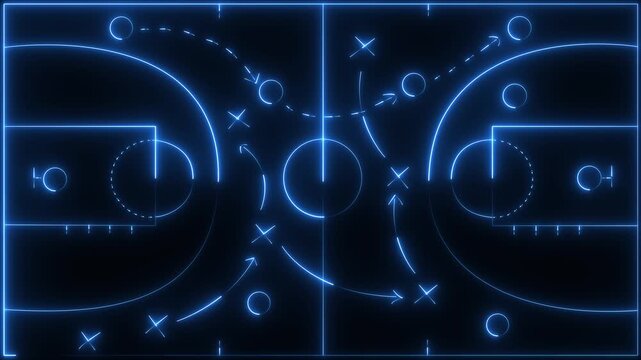 Glowing neon hand drawn basketball strategy diagram showing offensive player movements and positions on black background.4k animation video.