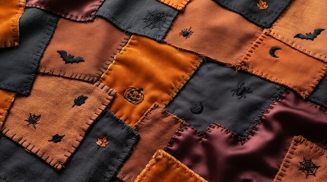 Halloween patchwork fabric texture with embroidered pumpkins, bats, spiders, and webs