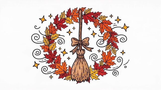 Magic witch broom surrounded by colorful autumn leaves in animated motion vector graphics loop clip featuring seasonal holiday elements and festive decorations for your halloween celebration video pro