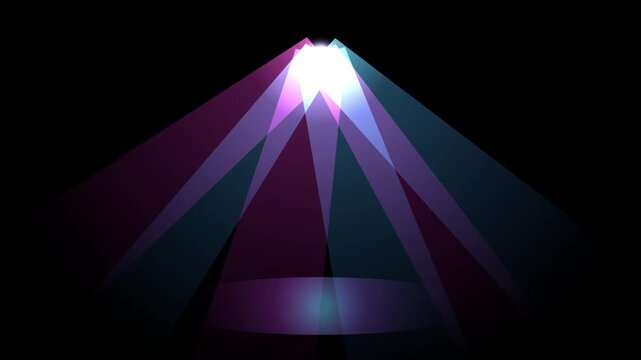 Abstract light beams emanating from a central source during a dark stage performance