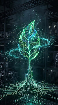 a vertical abstract 3D floating leaf growing from glowing circuit roots, green and blue glow,