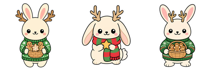 Obraz premium Cute rabbit character cartoon rabbit holiday illustration knitted sweater basket carrot seasonal decoration cheerful expression