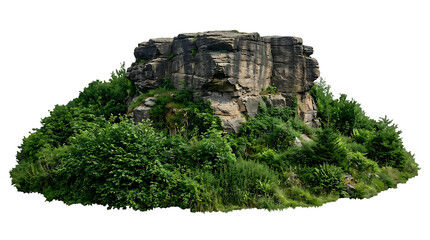 Large rocky cliff formation covered in lush green vegetation isolated on transparent background © Afrin