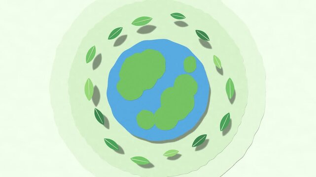 Paper cut style green Earth with leaves circling around environment