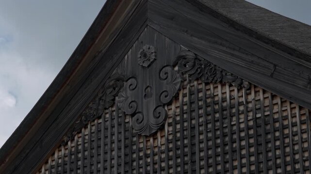 Architectural close-up details of Sasayama Castle Oshoin, historic wooden samurai shoin architecture in Hyogo, Japan